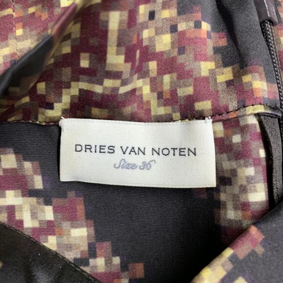 DRIES VAN NOTEN Size 4 Black Yellow Brown Silk Abstract Long Sleeve Dress Top - Picture 6 of 7